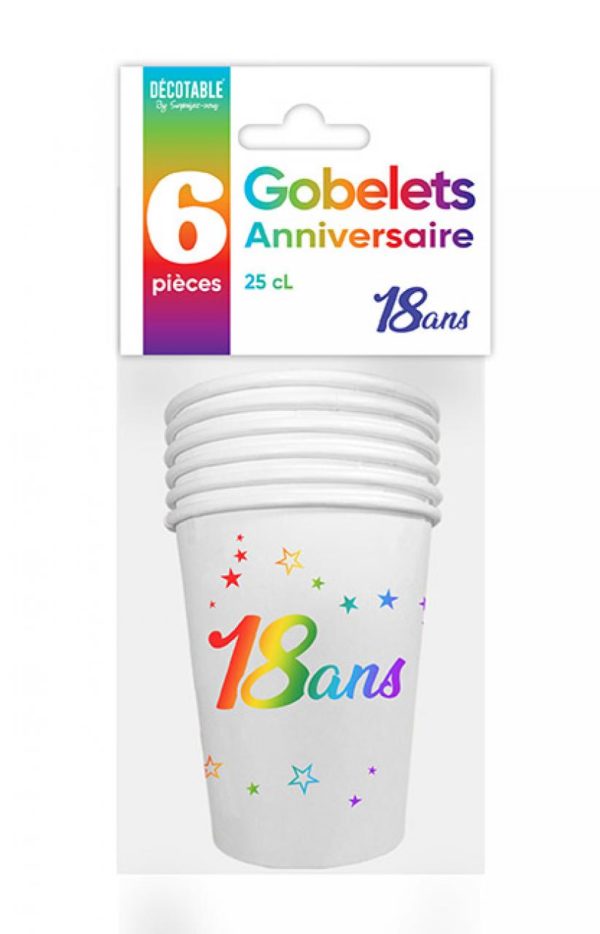 Anniversaire adulte, gobelets, multicolore, 18