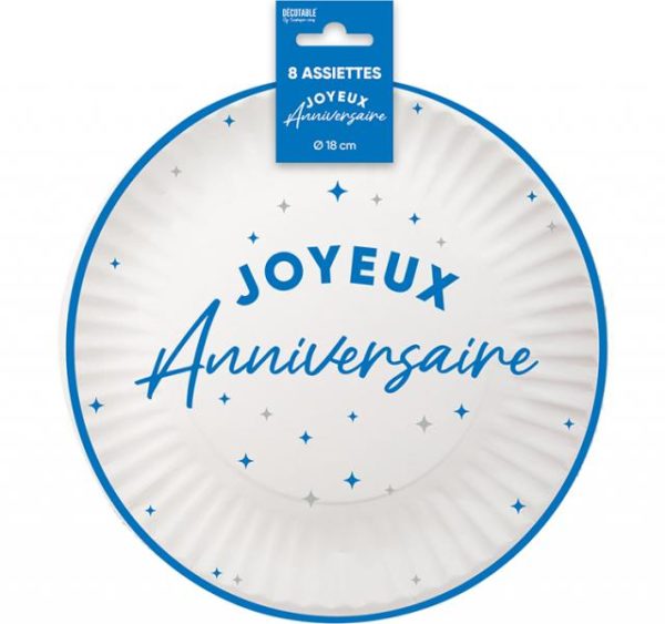 ARTICLES DE FETE-ANNIVERSAIRE-ANNIVERSAIRE BLEU-ASSIETTES 18CM ANNIVERSAIRE