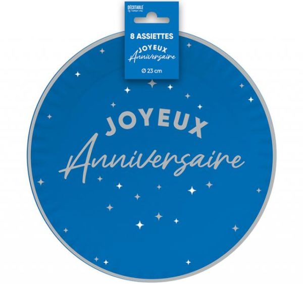 ARTICLES DE FETE-ANNIVERSAIRE-ANNIVERSAIRE BLEU-ASSIETTES 23CM ANNIVERSAIRE