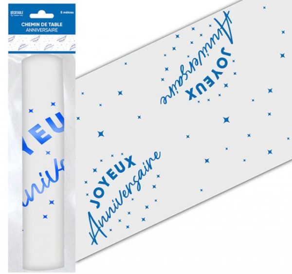 ARTICLES DE FETE-ANNIVERSAIRE-ANNIVERSAIRE BLEU-CHEMIN DE TABLE JOYEUX ANNIVERSAIRE BLEU