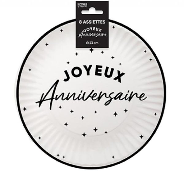 ARTICLES DE FETE-ANNIVERSAIRE-ANNIVERSAIRE NOIR-ASSIETTES 23CM ANNIVERSAIRE