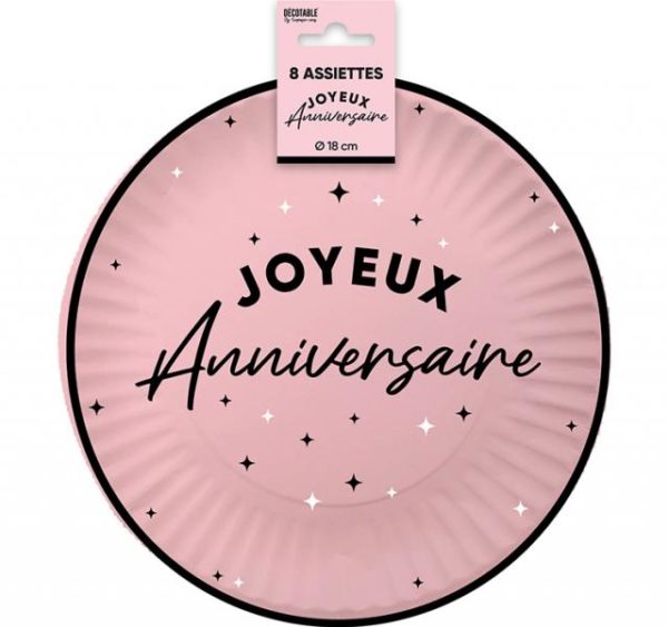 ARTICLES DE FETE-ANNIVERSAIRE-ANNIVERSAIRE ROSE-ASSIETTES 18CM ANNIVERSAIRE
