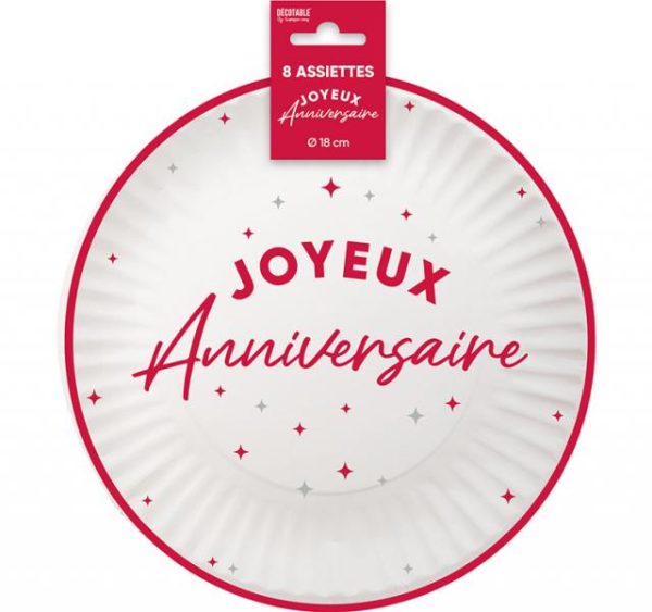 ARTICLES DE FETE-ANNIVERSAIRE-ANNIVERSAIRE ROUGE-ASSIETTES 18CM ANNIVERSAIRE