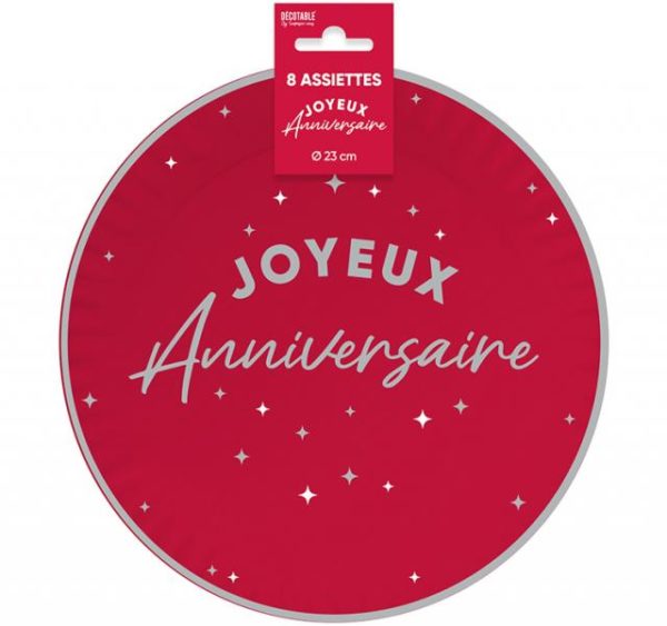 ARTICLES DE FETE-ANNIVERSAIRE-ANNIVERSAIRE ROUGE-ASSIETTES 23CM ANNIVERSAIRE