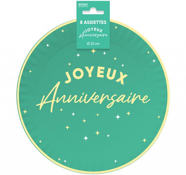 ARTICLES DE FETE-ANNIVERSAIRE-ANNIVERSAIRE VERT MENTHE-ASSIETTES 23CM ANNIVERSAIRE