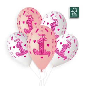 Ballons latex, 1er anniversaire, rose