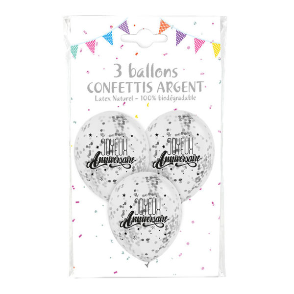 Ballons et hélium, ballons confettis, joyeux anniversaire, argent