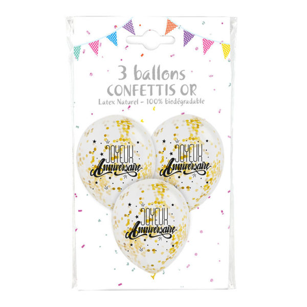 Ballons et hélium, ballons confettis, Joyeux anniversaire, or