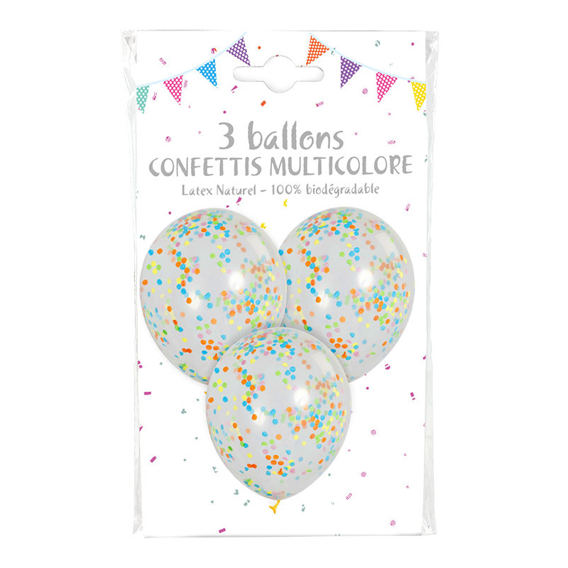 3 Ballons de 30 Cm Transparents Confettis Multi couleur - 100%FETE Le Shop