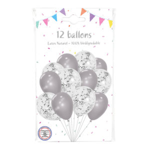 Ballons latex, ballons a confettis, argent et confettis