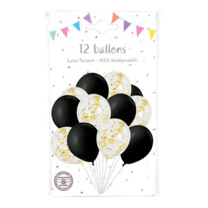 Ballons latex, ballons a confettis, noirs et dorees