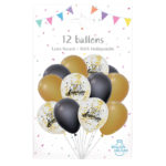 Ballons latex, ballons a confettis, noires et dorées