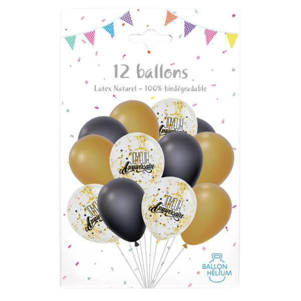 Ballons latex, ballons a confettis, noires et dorées