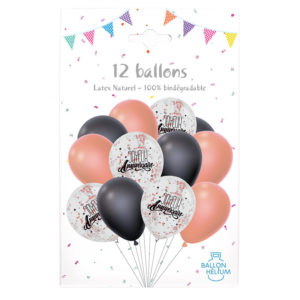 Ballons latex, ballons a confettis, noirs et rose gold