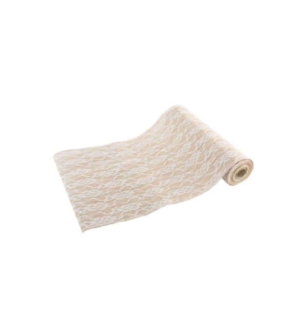 Décoration de table, chemin de table, jute, dentelle, blanc