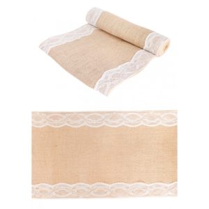 Décoration de table, chemin de table, jute, dentelle, blanche