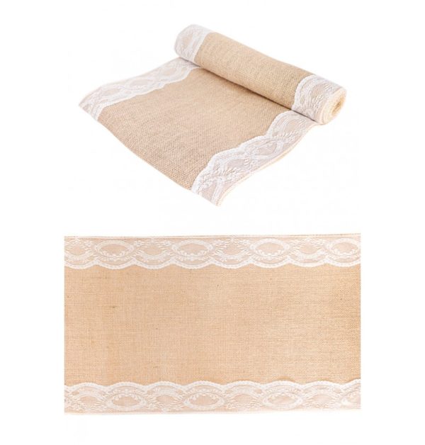 Décoration de table, chemin de table, jute, dentelle, blanche