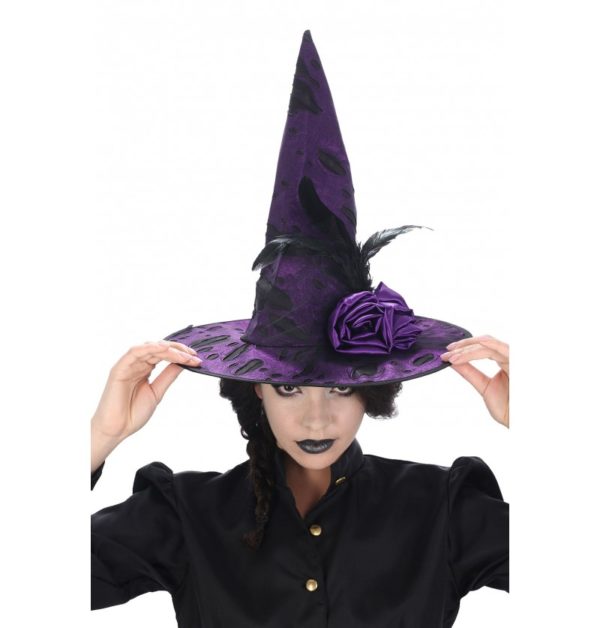 FETESETOCCASIONS-HALLOWEEN-ACCESSOIRESCHEVEUX-CHAPEAUX-SORCIERE-ROSES-VIOLET-NOIR
