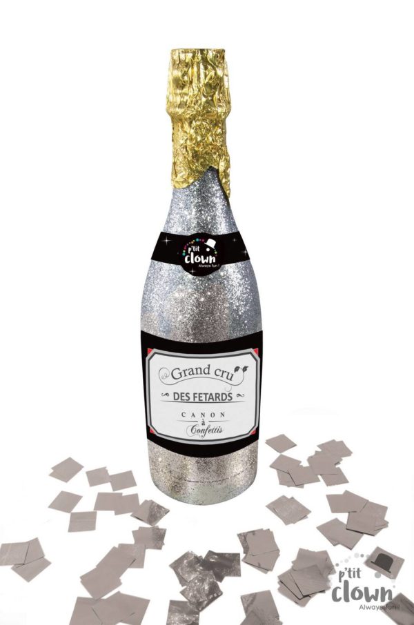 FETESETOCCASIONS-NOEL-ACCESSOIRES-BOUTEILLESCANONACONFETTIS-32CM-ARGENT